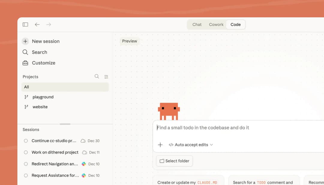 Claude Code interface showing coding mode and a project workspace