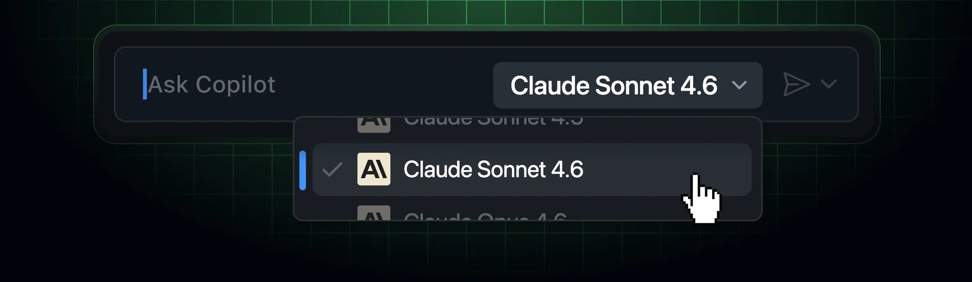 GitHub Copilot interface showing Claude Sonnet 4.6 in the model picker