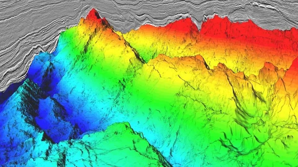 Three-dimensional interpreted seismic horizon surface coloured by depth