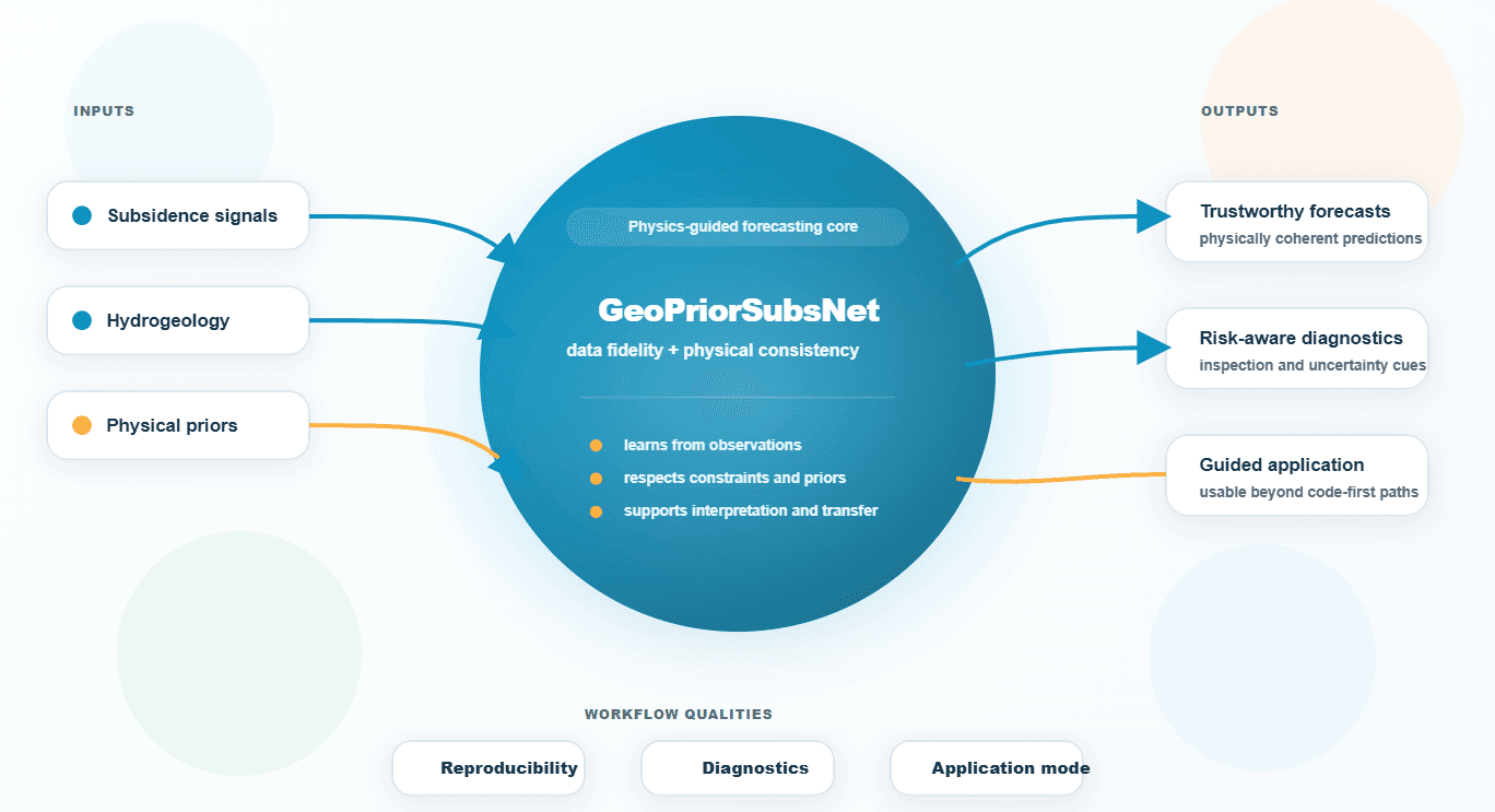 Overview diagram showing GeoPriorSubsNet inputs, forecasting core, and outputs