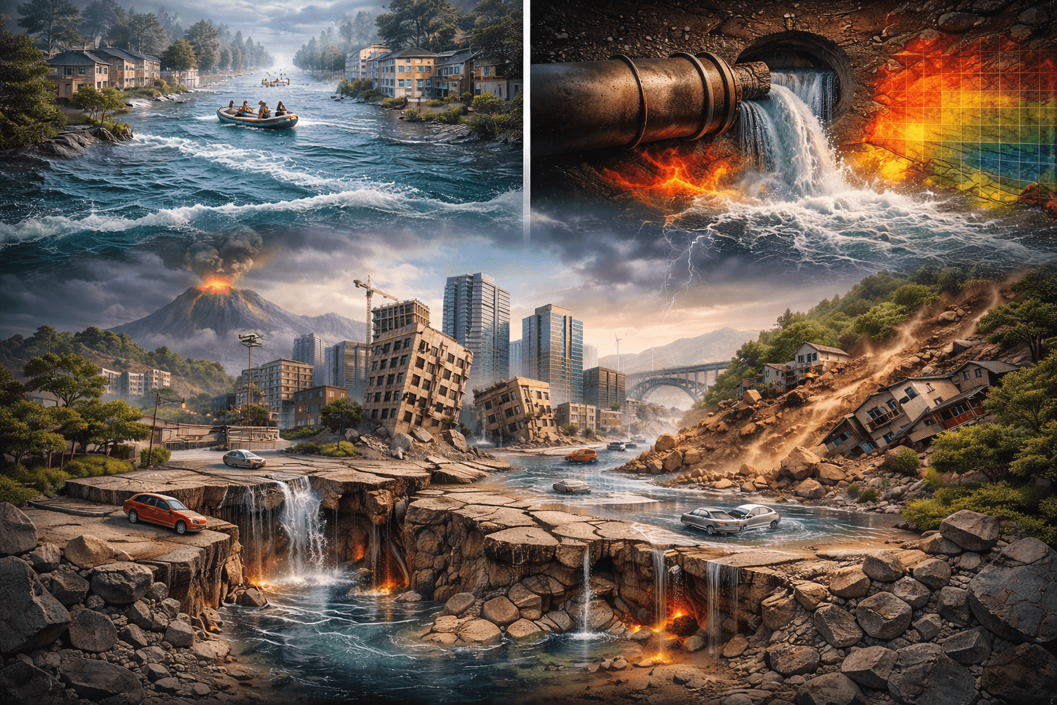 Composite geohazard scene showing flooding, urban instability, terrain failure, and subsurface disruption