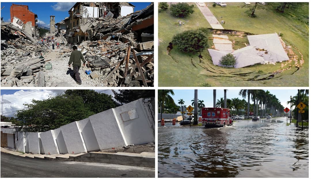 Composite illustration of earthquakes, sinkholes, land subsidence, and coastal flooding