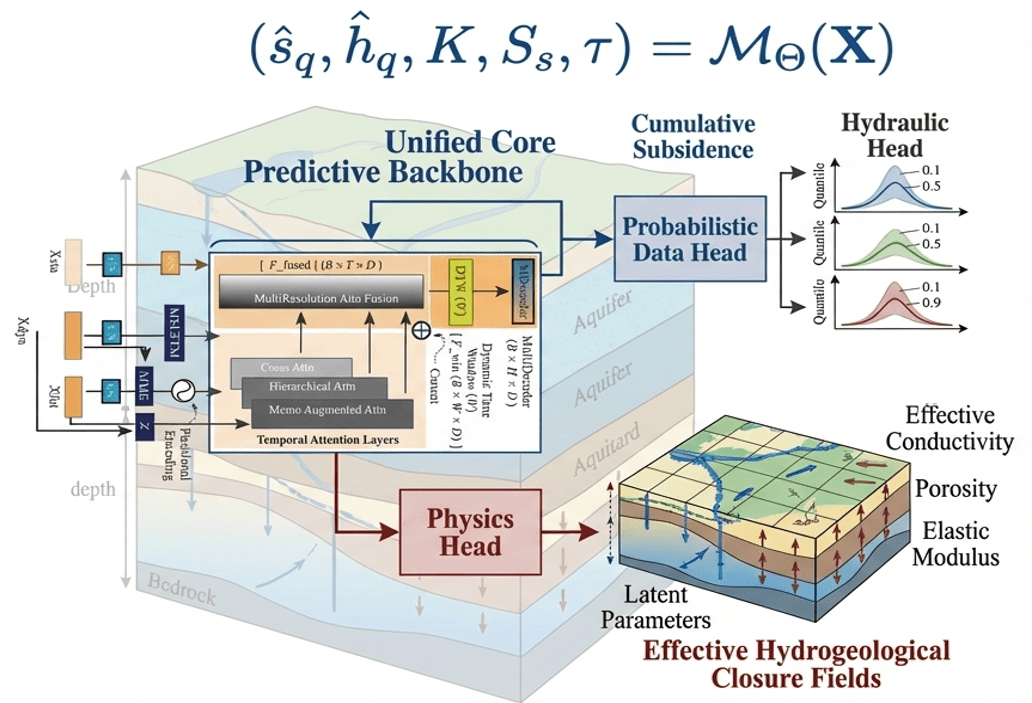 GeoPriorSubsNet architecture: unified predictive backbone with probabilistic and physics heads