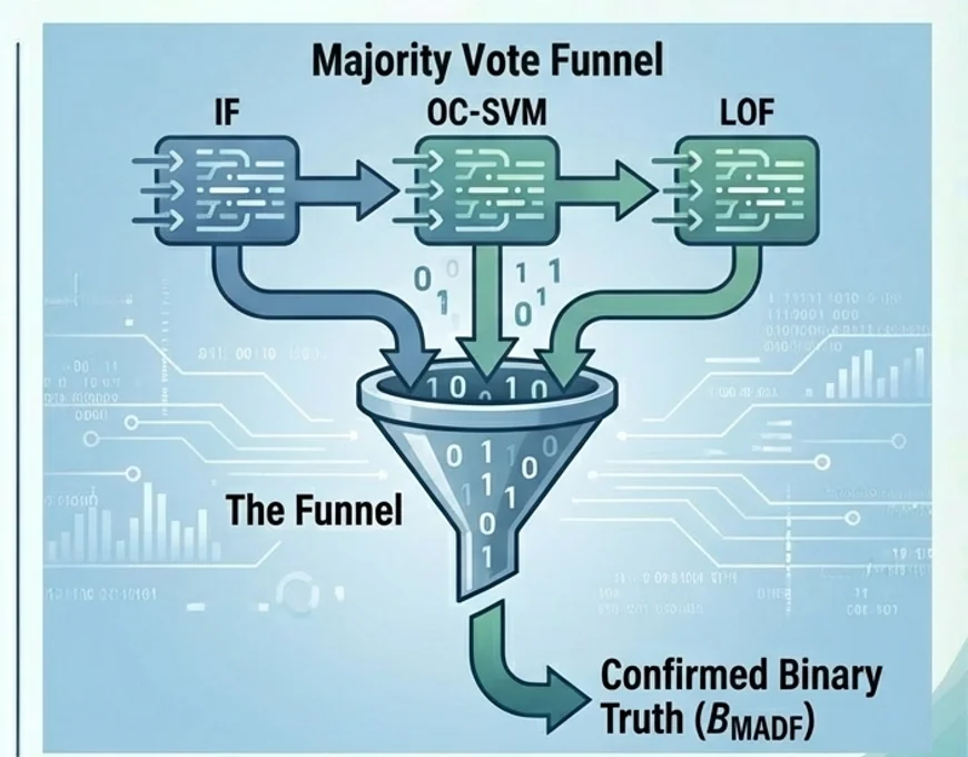 MADF majority-vote funnel: IF + OC-SVM + LOF → confirmed binary leachate truth (B_MADF)