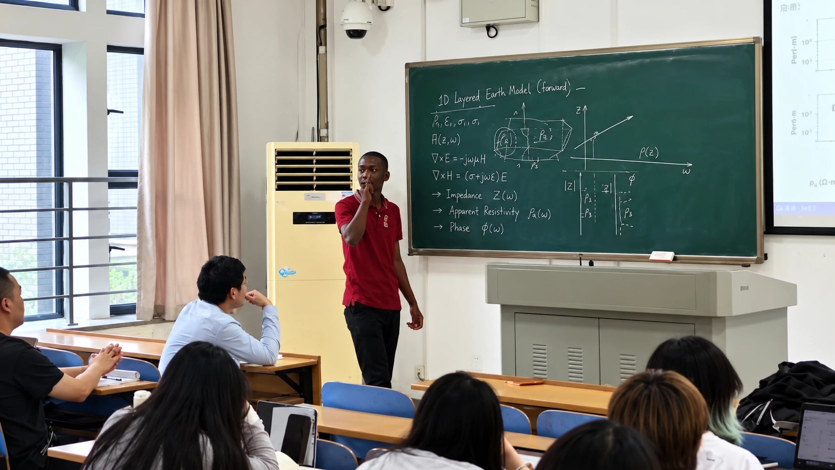 Laurent Kouadio deriving a 1D layered-Earth electromagnetic forward model at the chalkboard