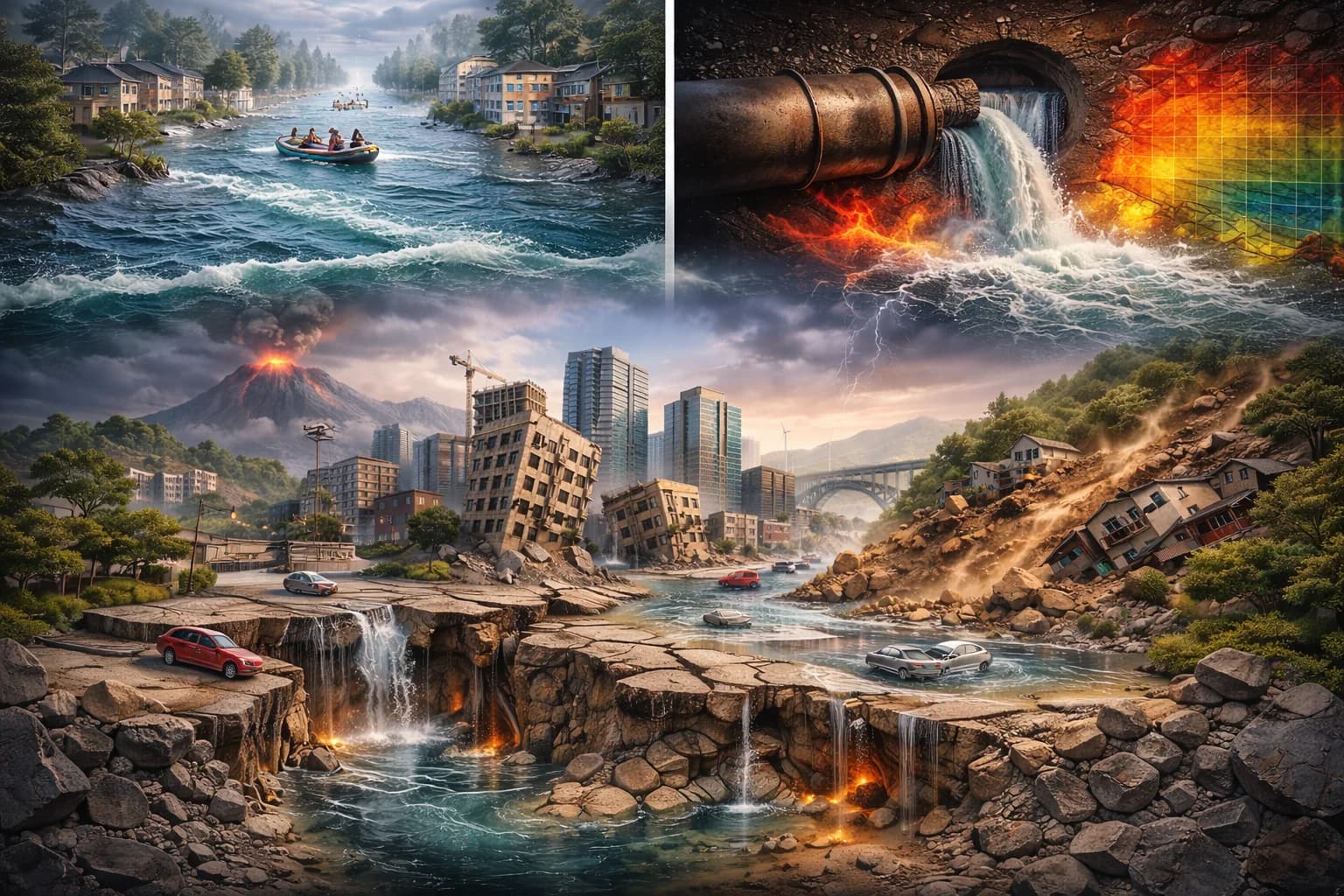 Composite geohazard scene showing flooding, urban instability, terrain failure, and subsurface disruption