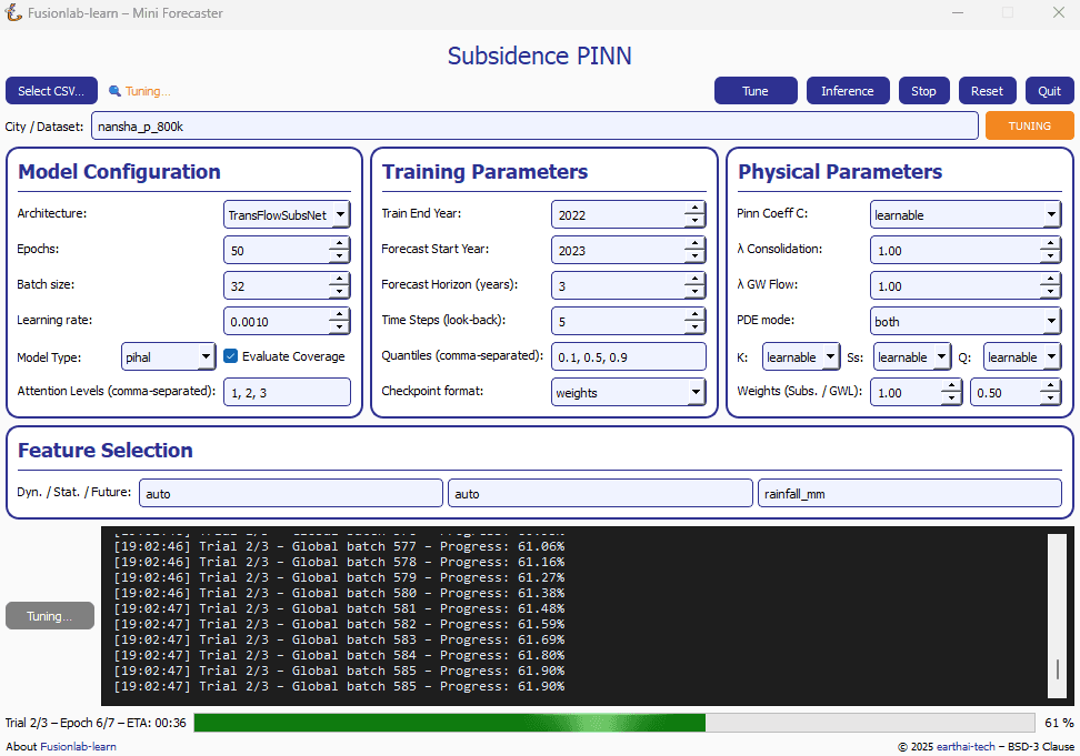 Screenshot of the Subsidence PINN Mini Forecaster GUI