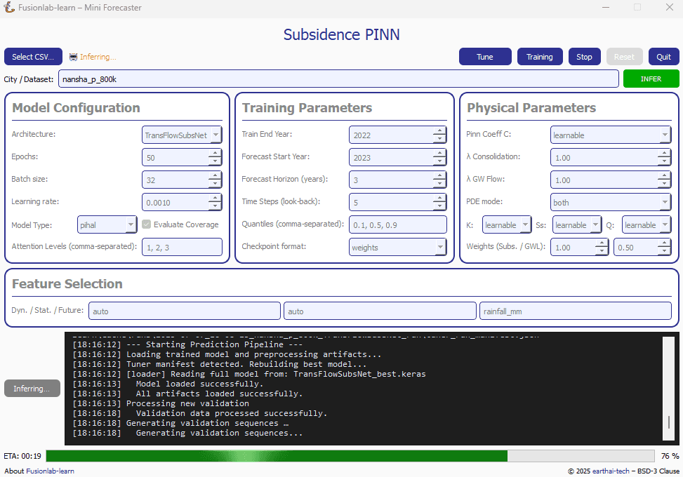 Screenshot of the Subsidence PINN Mini Forecaster GUI