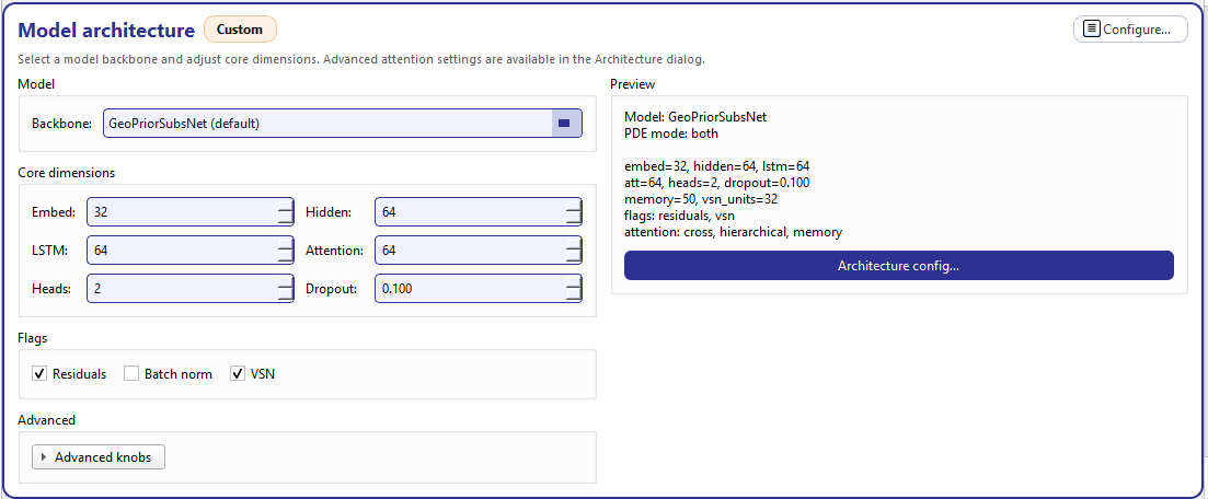 GeoPrior-3.0 Forecaster screenshot Setup model architecture